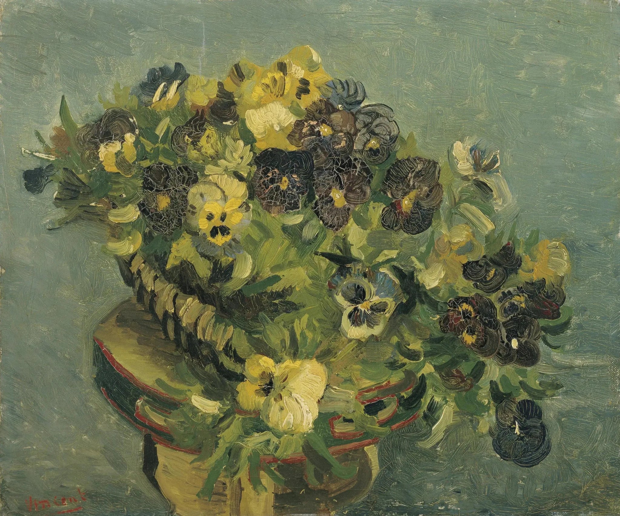 Panier de pensées sur une petite table - Vincent van Gogh image 1 copie peinte à la main à l’huile
