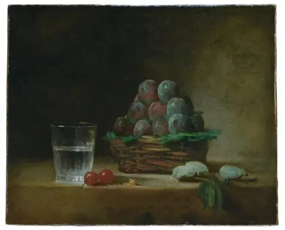 Cestino di prugne secche, bicchiere d'acqua, ciliegie - Jean Siméon Chardin