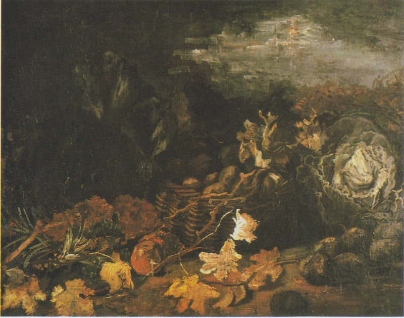 Natura morta con un cesto di patate, circondato da foglie autunnali e verdure - Vincent van Gogh