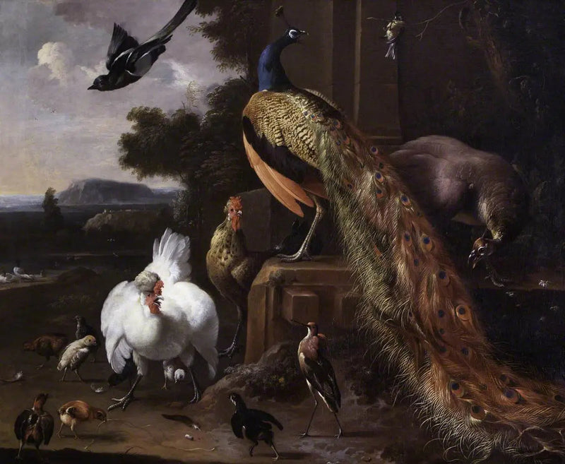 Pavoni e pollame da cortile con un piviere in un paesaggio - Melchior de Hondecoeter