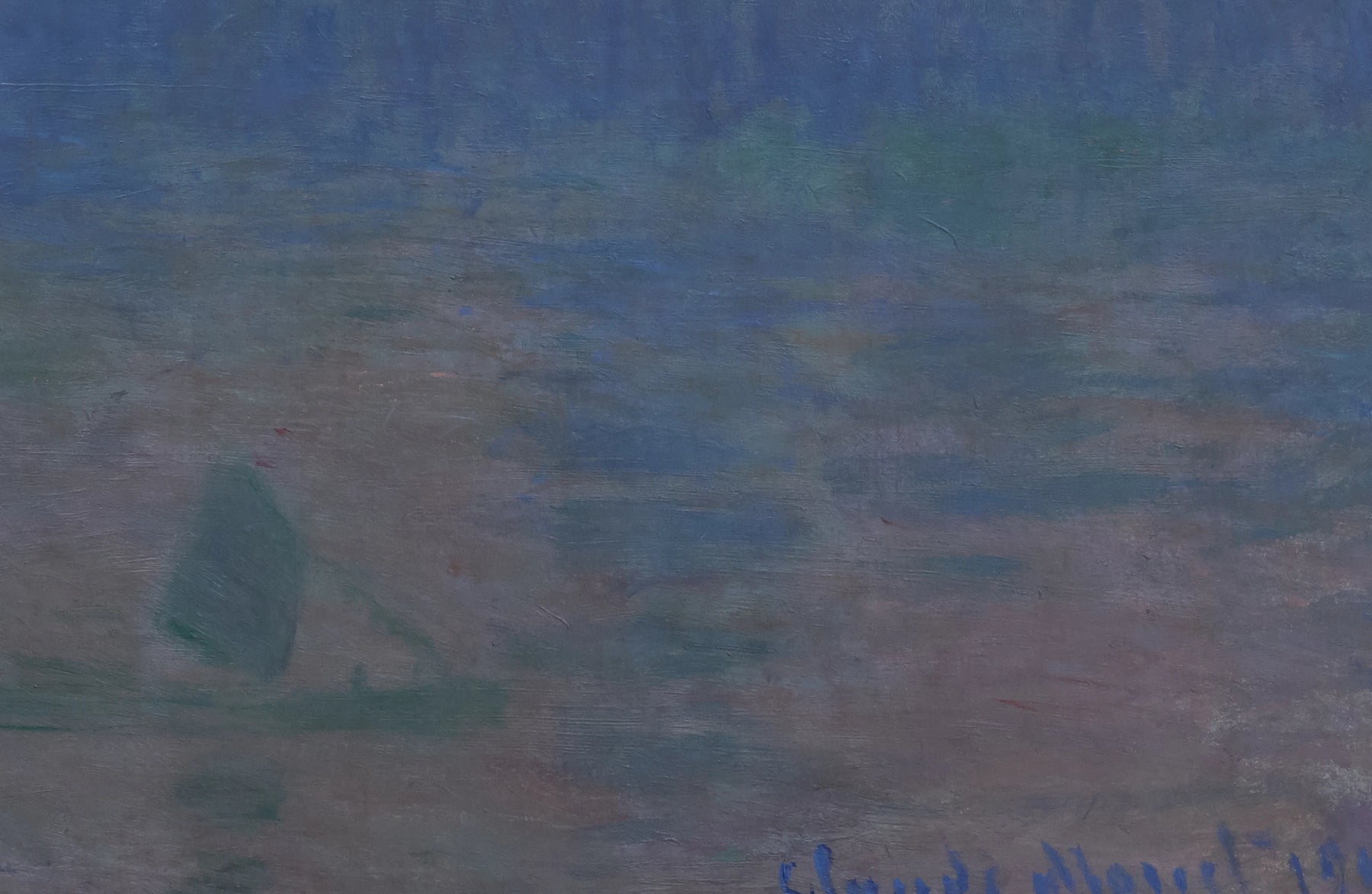 Détail de la barque, de la Tamise et de la signature de Claude Monet