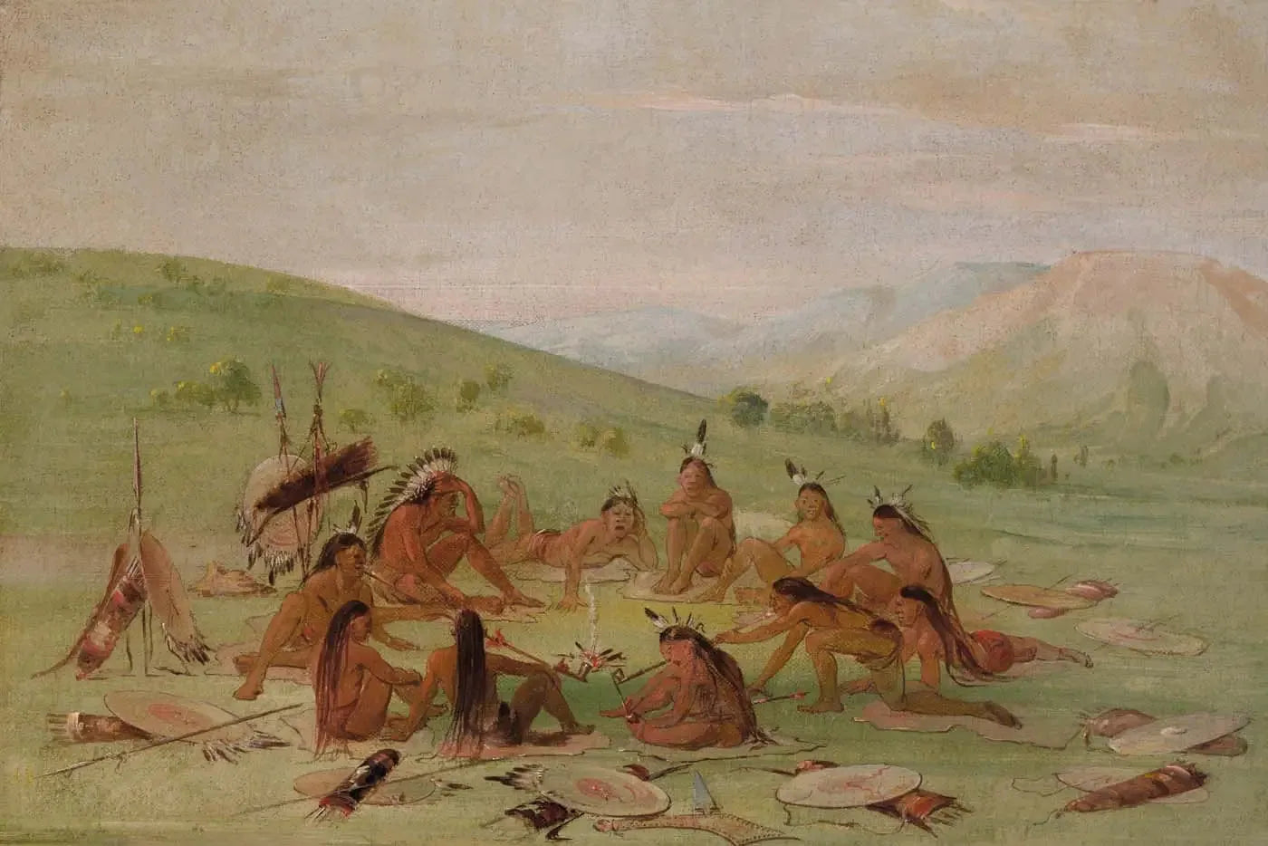 Parti de la guerre à pied au conseil, Mandan - George Catlin image 1 copie peinte à la main à l’huile
