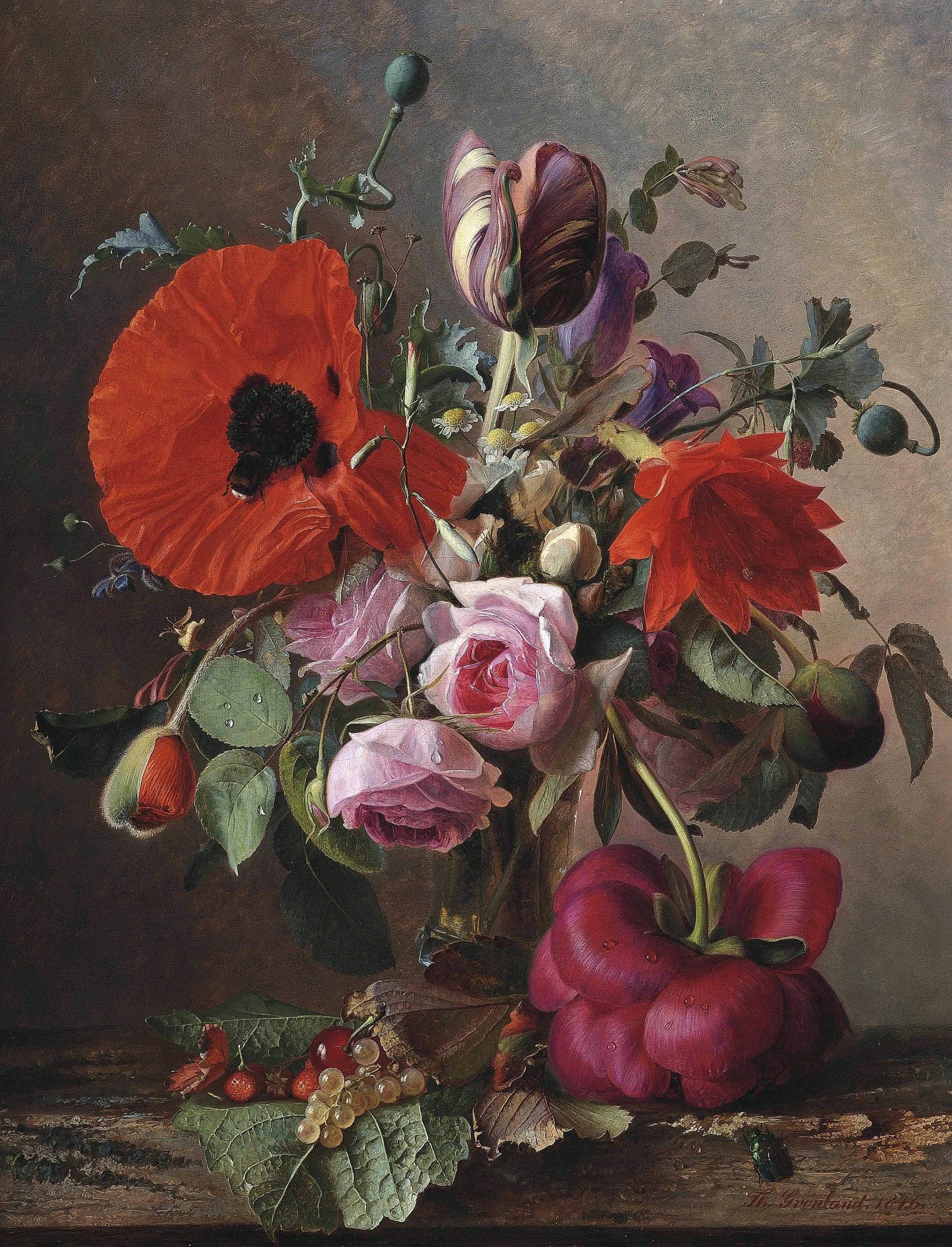 Pavots, tulipes et roses – Theude Grønland, peinture de coquelicots