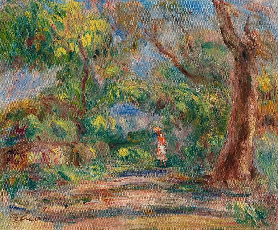 Paesaggio, viale di fattoria con donna in rosso e bianco - Pierre-Auguste Renoir