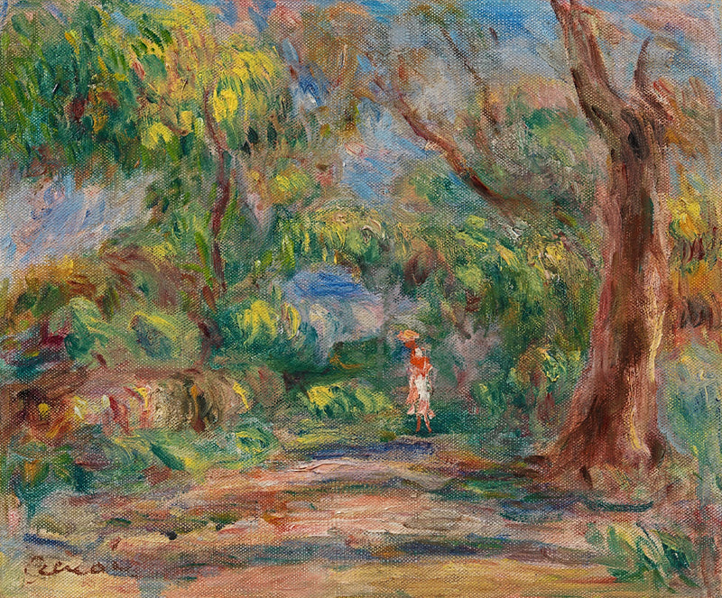 Paesaggio, viale di fattoria con donna in rosso e bianco - Pierre-Auguste Renoir