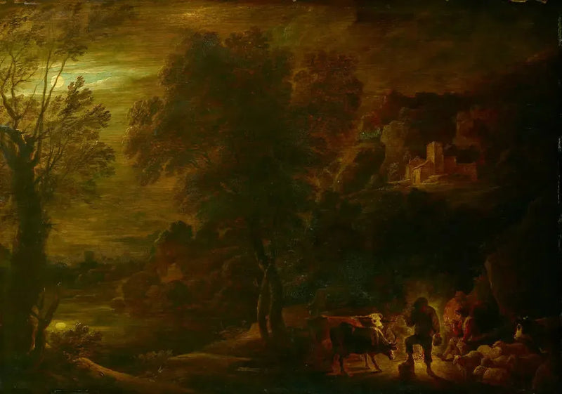 Paesaggio al chiaro di luna con pastori al fuoco - David Teniers il Giovane