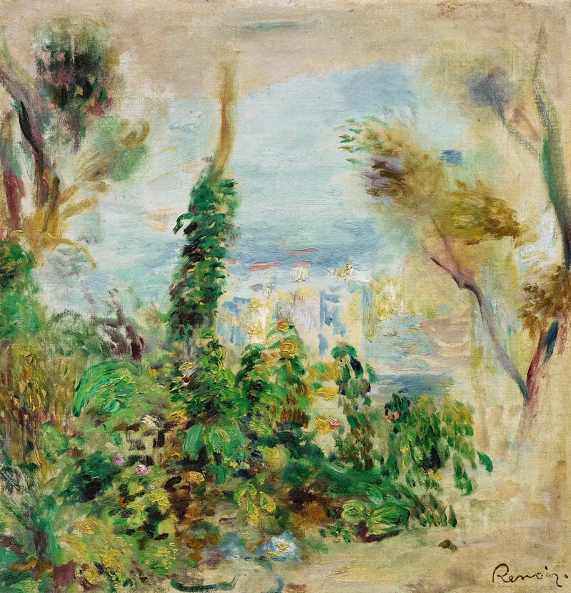 Paesaggio, in primo piano fiori rampicanti, sullo sfondo case - Pierre-Auguste Renoir