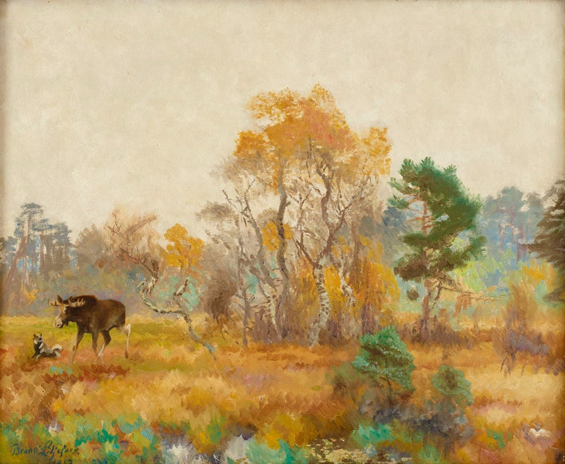 Paesaggio con alce (Alces alces) e cane alce norvegese - Bruno Liljefors