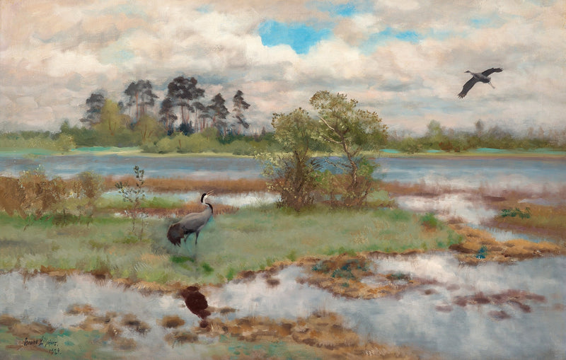 Paesaggio con gru in riva all'acqua - Bruno Liljefors