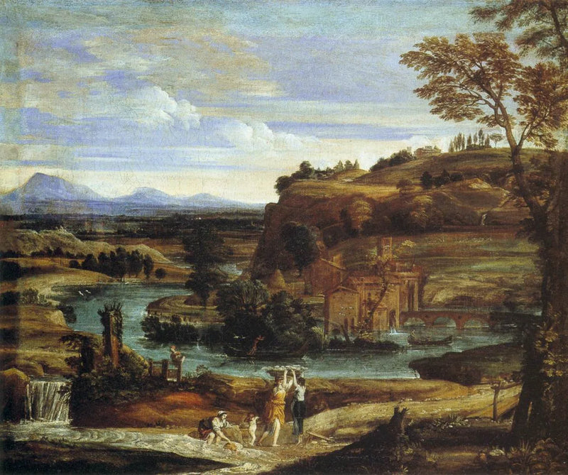 Paesaggio con lavatrici e un bambino che versa vino - Domenichino