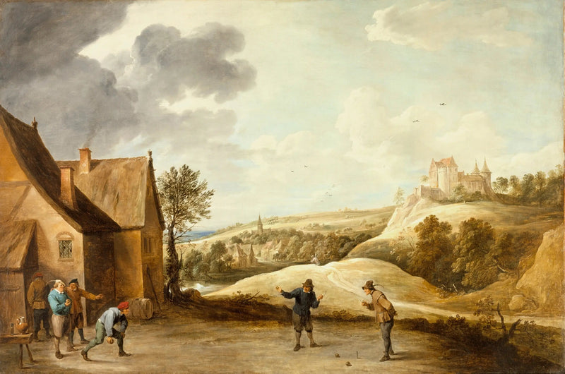 Paesaggio con contadini che giocano a bocce davanti a una locanda - David Teniers il Giovane
