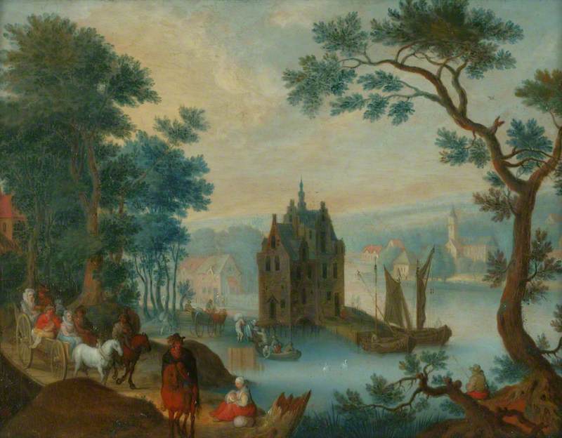 Paysage avec des personnages sur un chemin au premier plan et un château sur une rivière - Jan Brueghel l'Ancien image 1 reproduction réalisée par Alpha Reproduction