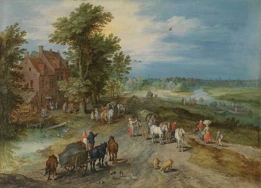 Paysage avec des voyageurs près d'une auberge - Jan Brueghel l'Ancien image 1 reproduction artisanale de tableau