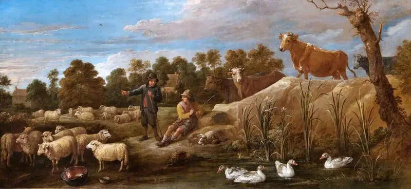 Paesaggio con due pastori, bestiame e anatre - David Teniers il Giovane