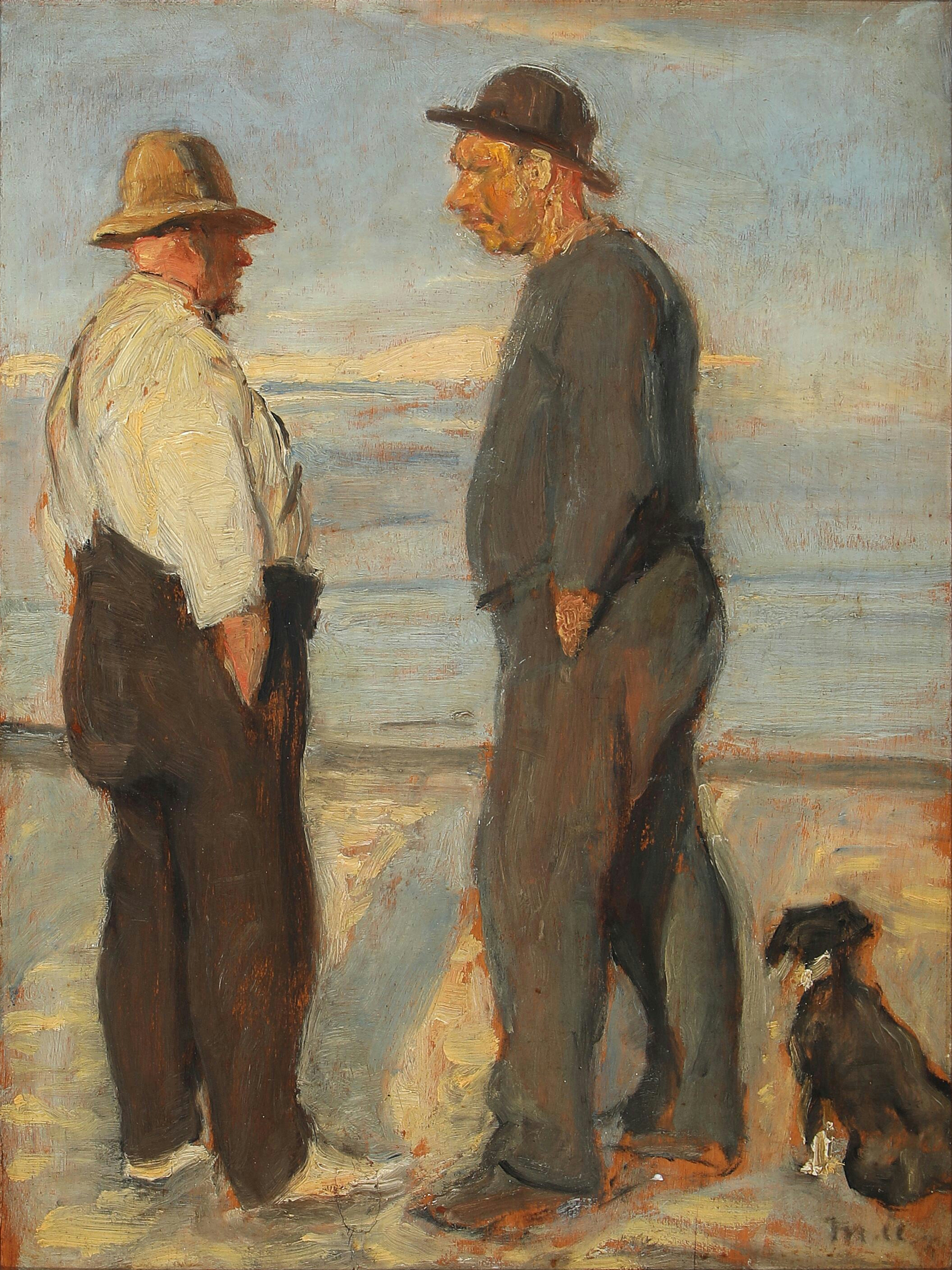 Paysage avec deux pêcheurs sur la plage, Skagen. - Michael Peter Ancher image 1 copie peinte à la main à l’huile