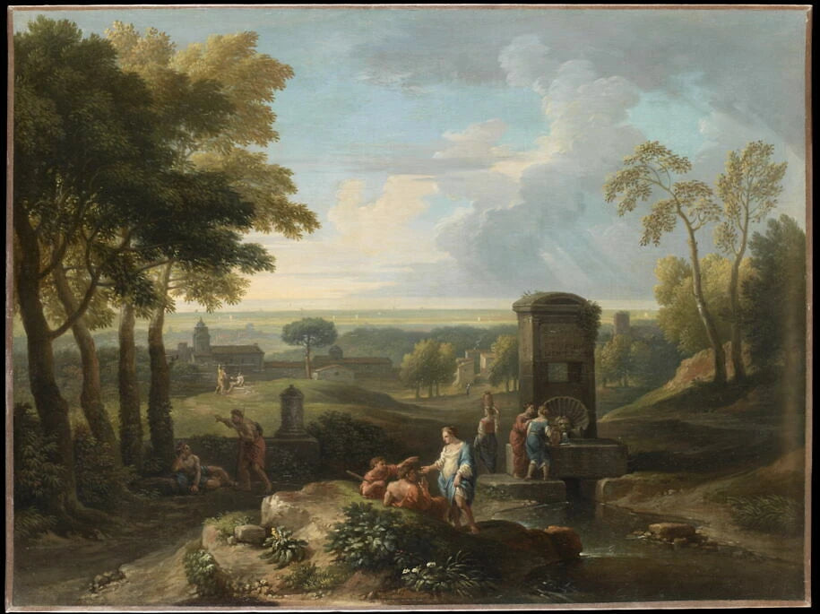 Paysage avec fontaine et diverses figures. Vue d'Italie - Jan Frans van Bloemen