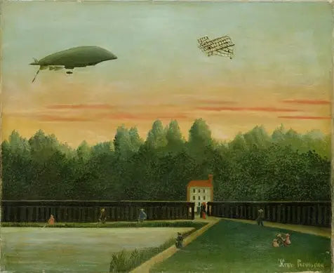 Paesaggio con il dirigibile Repubblica e un aereo Wright - Henri Rousseau