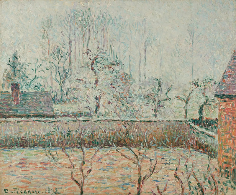Paesaggio con case e muro, nebbia e brina, Éragny - Camille Pissarro