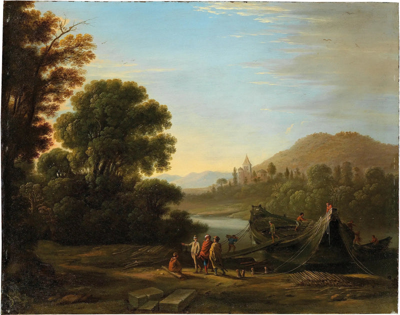 Paesaggio con personaggi che caricano legna su una barca - Claude Lorrain