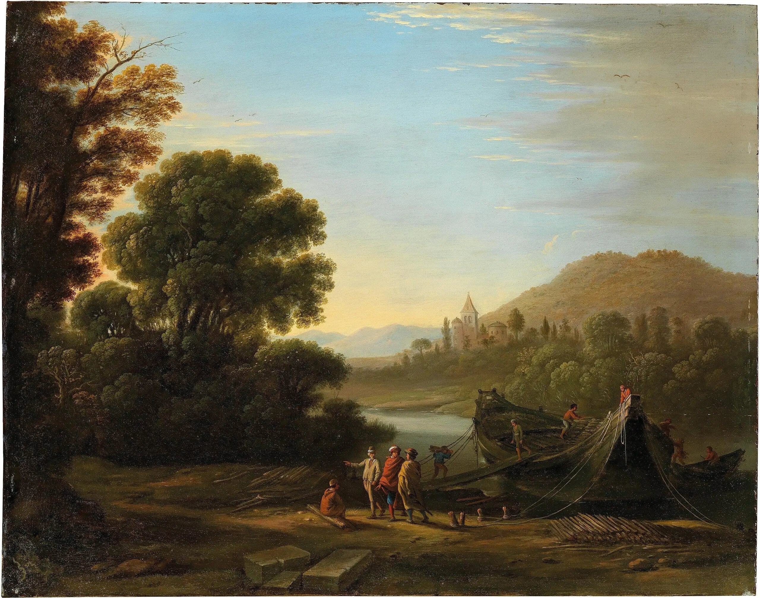 Paysage avec personnages chargeant du bois sur un bateau - Claude Lorrain image 1 reproduction artisanale de tableau