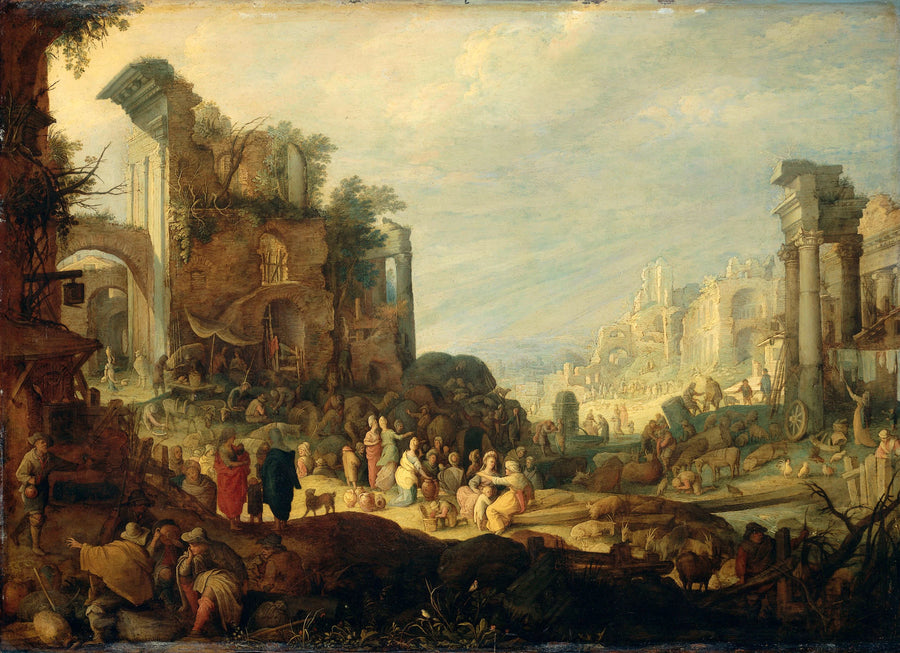 Paysage avec ruines et rencontre de Rebecca et Eliezer - Guilliam van Nieulandt (II)