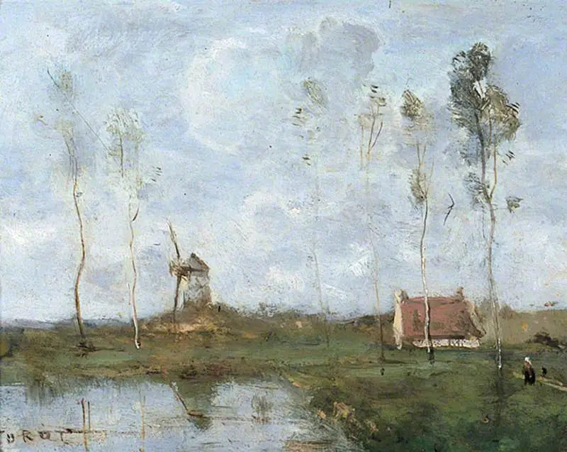 Paesaggio con un chalet e un mulino a vento - Jean-Baptiste Camille Corot