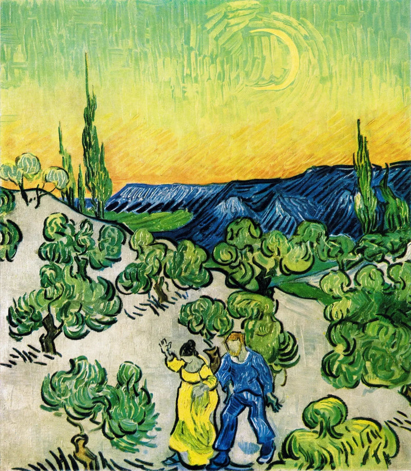 Paesaggio con una coppia che cammina e un crescente di luna - Vincent van Gogh