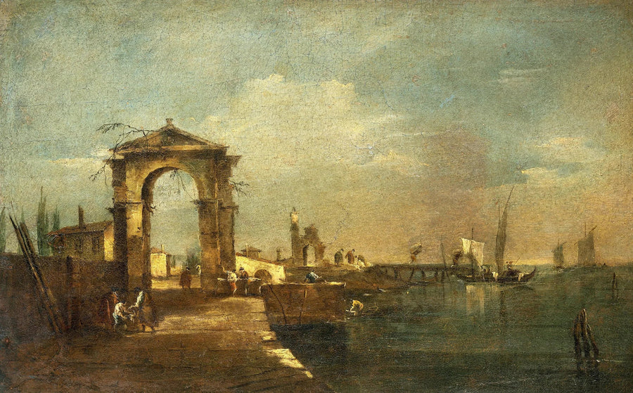 Paesaggio con un molo e delle barche su un lago - Francesco Guardi
