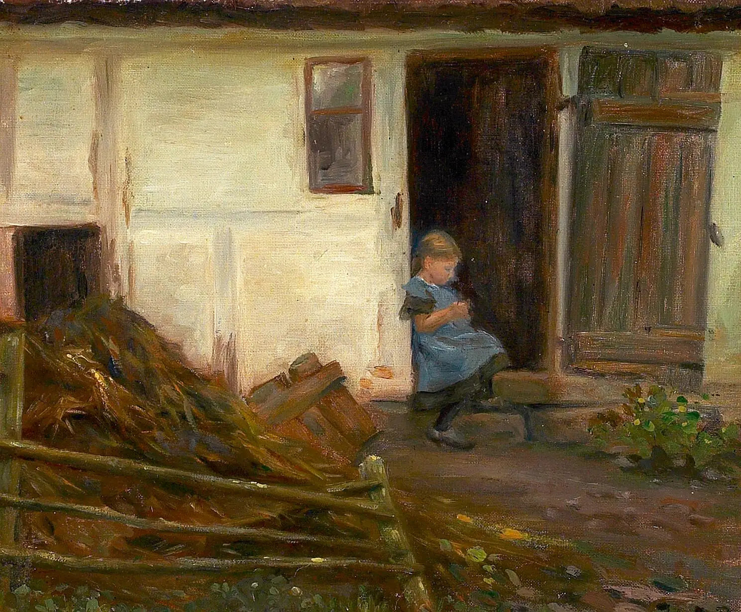 Paysage avec une fille dans une porte. - H. A. Brendekilde image 1 copie peinte à la main à l’huile