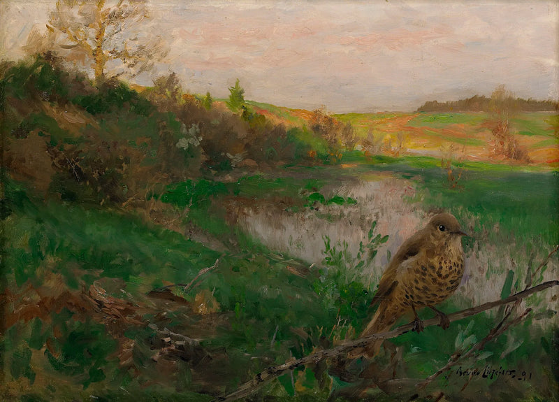 Paesaggio con un tordo bottaccio in riva all'acqua - Bruno Liljefors