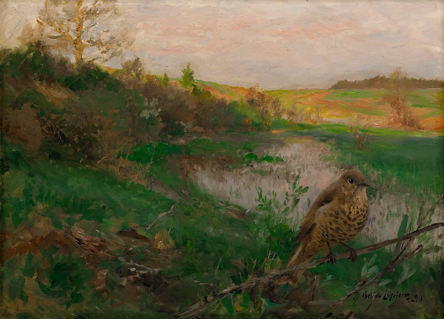 Paesaggio con un tordo bottaccio in riva all'acqua - Bruno Liljefors