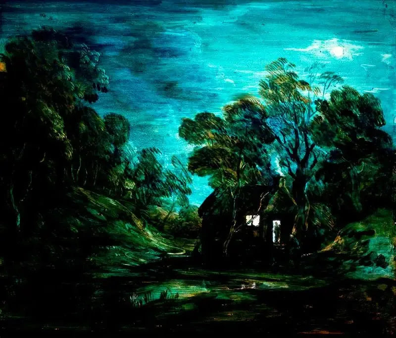 Paesaggio boscoso al chiaro di luna con una piscina e una silhouette alla porta di un chalet - Thomas Gainsborough
