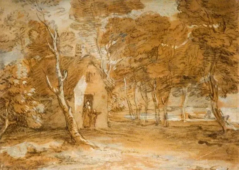 Paysage boisé avec chalet, personnages et bateau sur un lac - Thomas Gainsborough image 1 reproduction d’œuvre d’art à l’huile