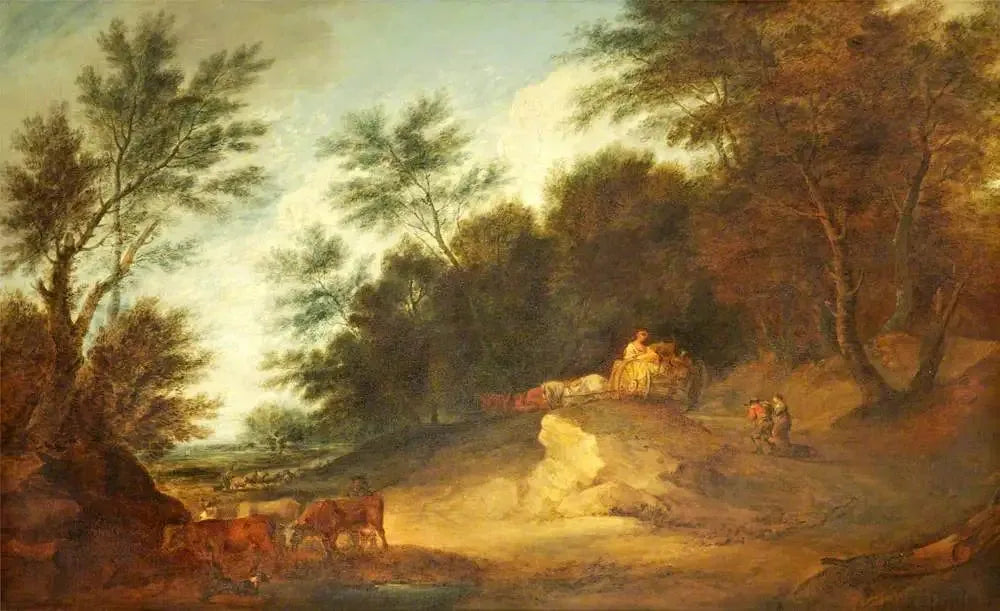 Paysage boisé avec personnages dans une charrette de campagne et du bétail - Thomas Gainsborough image 1 tableau peint à l’huile sur toile