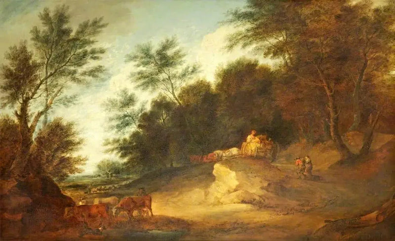 Paesaggio boscoso con personaggi in una carrozza di campagna e bestiame - Thomas Gainsborough