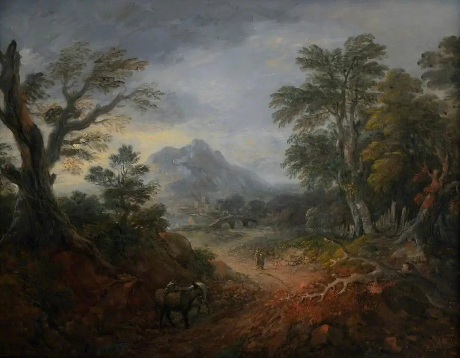 Paesaggio boscoso con personaggi, ponte, asini, edifici in lontananza e montagna - Thomas Gainsborough