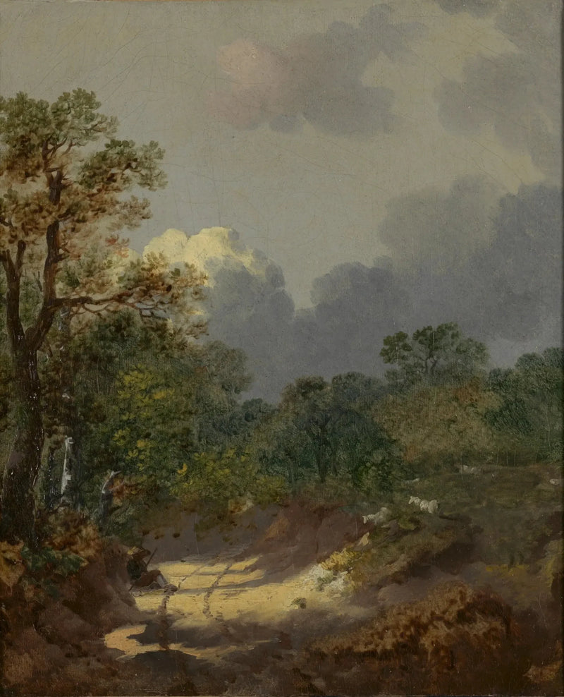 Paesaggio boscoso con un pastore in riposo su una strada soleggiata con pecore - Thomas Gainsborough