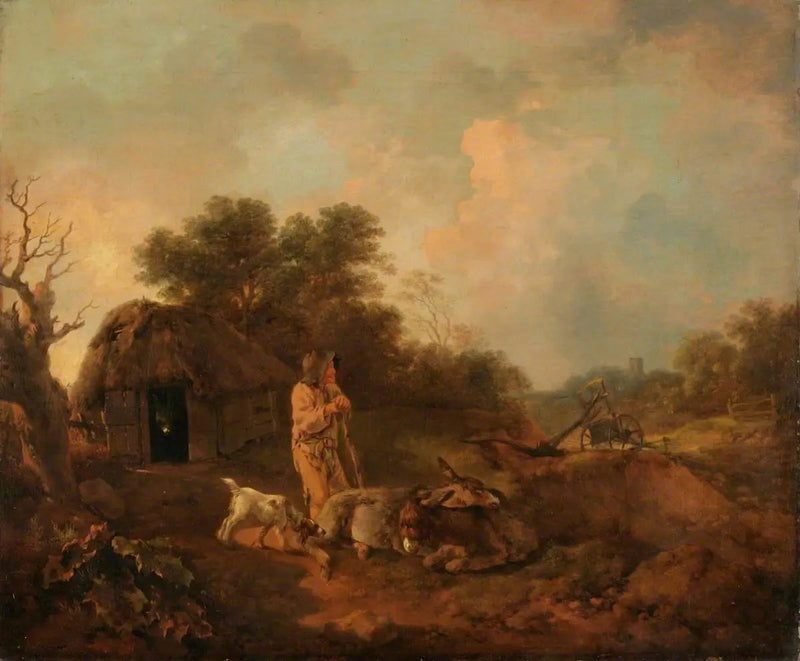 Paesaggio boscoso con un vecchio contadino e asini fuori da un fienile, un aratro e una chiesa in lontananza - Thomas Gainsborough
