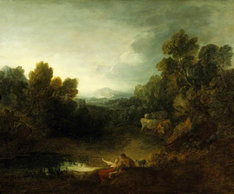 Paesaggio boscoso roccioso con amanti rustici a bordo piscina - Thomas Gainsborough