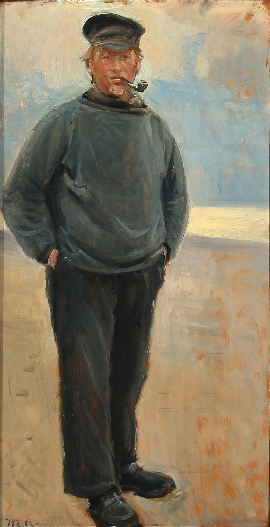 Paesaggio costiero con un pescatore che fuma la pipa. - Michael Peter Ancher