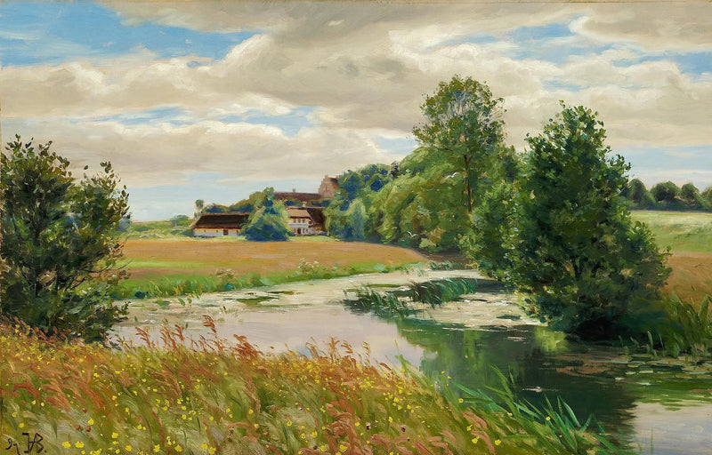 Paesaggio estivo sul fiume vicino a una chiesa. - H. A. Brendekilde