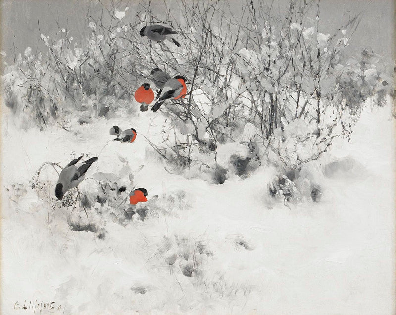 Paesaggio invernale con ciuffolotti - Bruno Liljefors