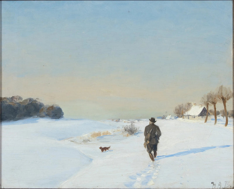 Paesaggio invernale con un cacciatore e il suo cane in una giornata di sole - H. A. Brendekilde