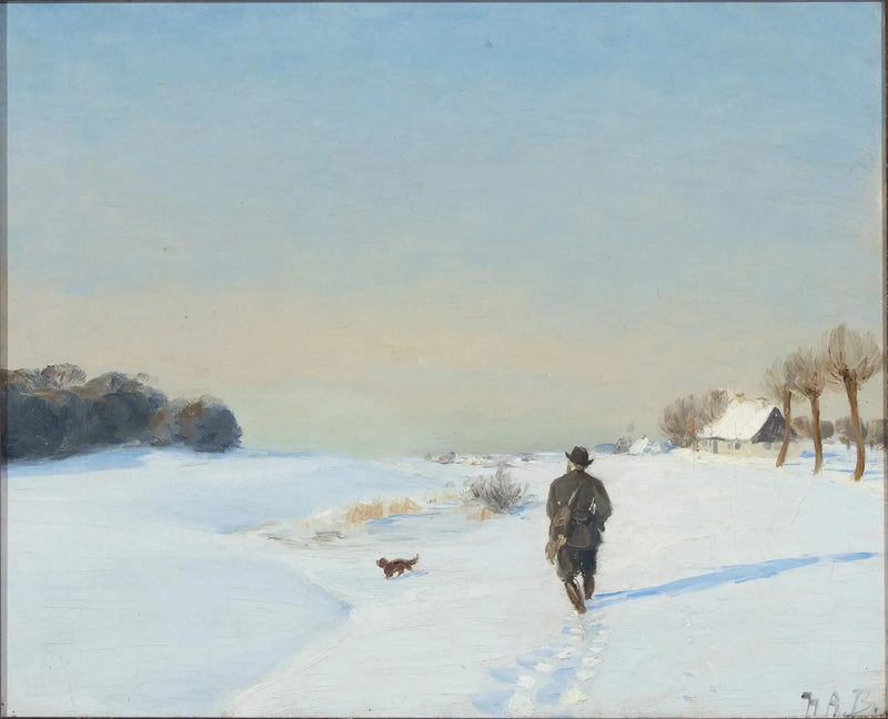 Paesaggio invernale con un cacciatore e il suo cane in una giornata di sole - H. A. Brendekilde