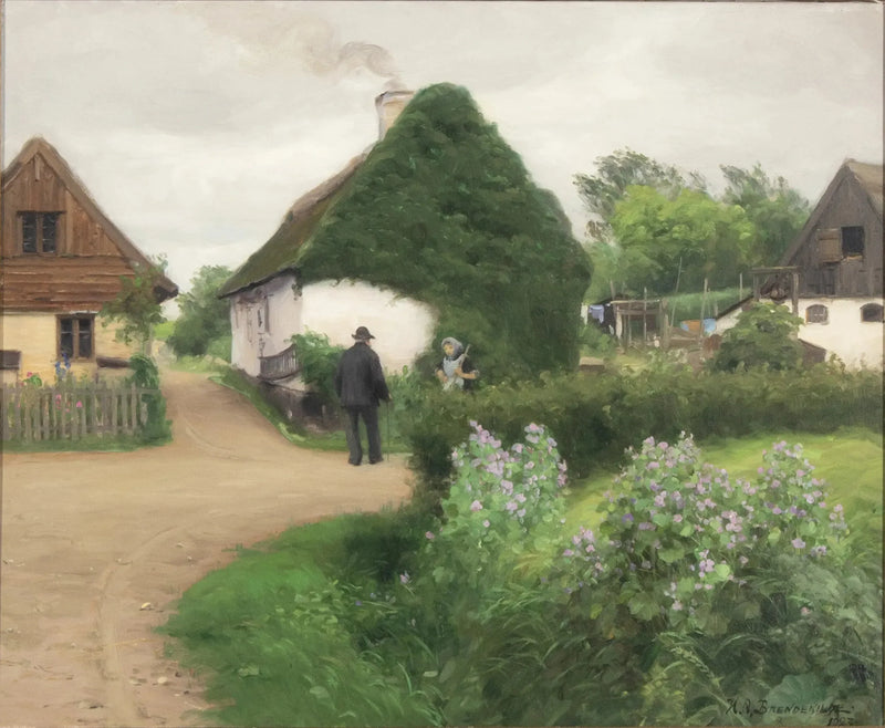 Paesaggio di un villaggio con persone in conversazione - H. A. Brendekilde