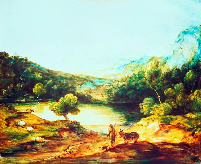 Paesaggio di alte terre boscose con un pastore, un asino e pecore sparse, un lago e un villaggio e colline in lontananza - Thomas Gainsborough