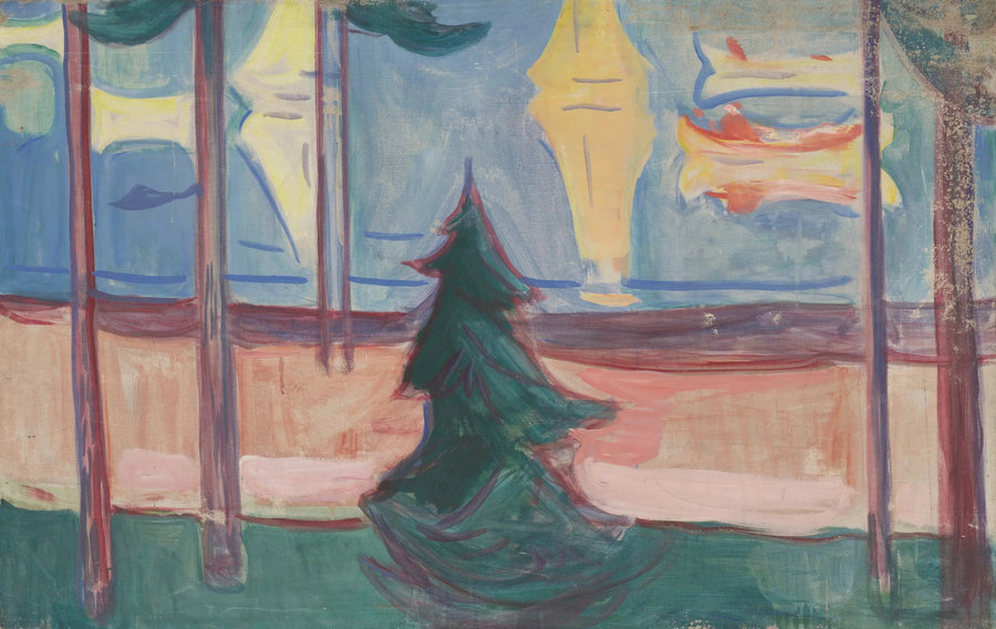 Paesaggio di spiaggia con alberi e barche - Edvard Munch