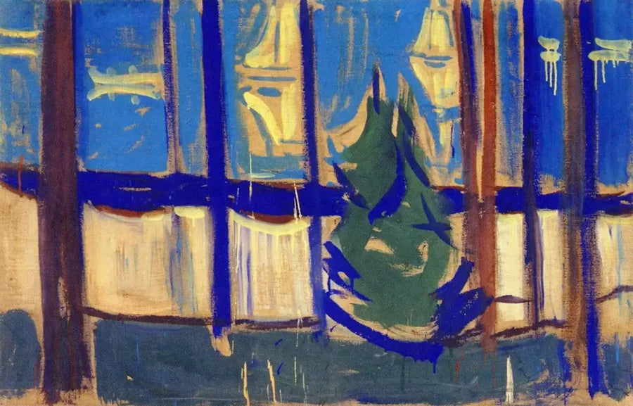 Paesaggio di spiaggia con alberi e barche - Edvard Munch