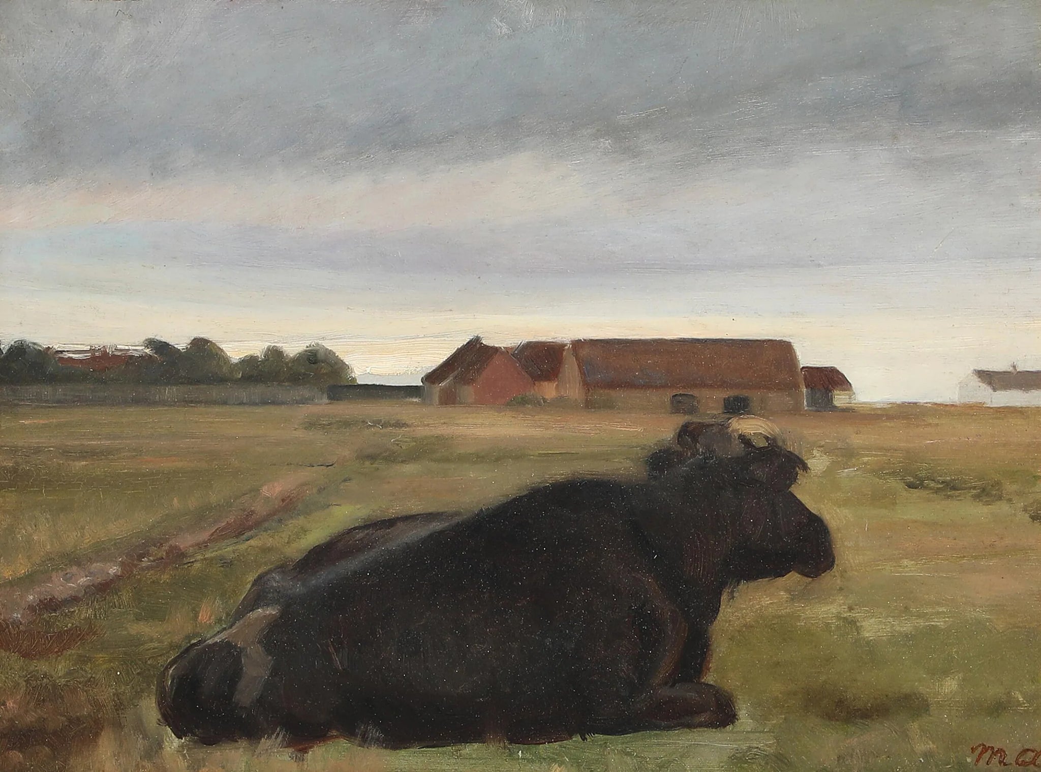 Paysage de Skagen avec du bétail se reposant dans un champ. - Michael Peter Ancher image 1 copie peinte à la main à l’huile