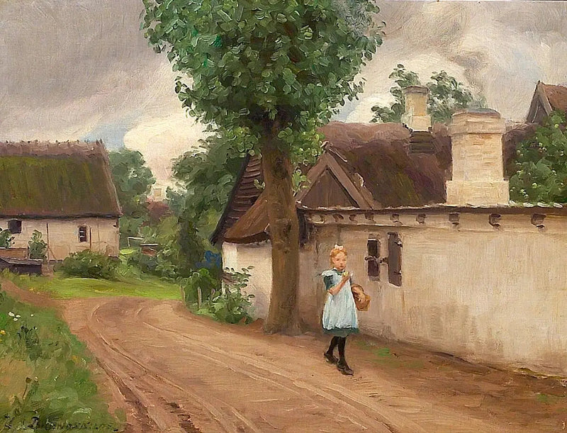 Paesaggio di un villaggio con una giovane ragazza in abito blu. - H. A. Brendekilde
